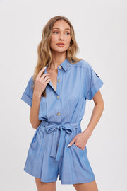 Chambray Button Front Shirt Romper