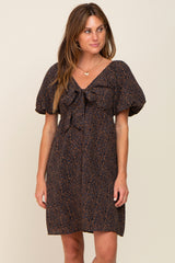 Navy Cheetah Print Knotted Puff Sleeve Dress