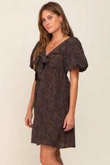 Navy Cheetah Print Knotted Puff Sleeve Dress