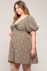 Cream Cheetah Print Knotted Puff Sleeve Plus Maternity Dress