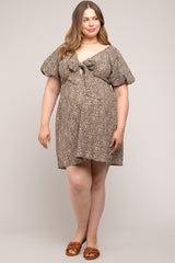 Cream Cheetah Print Knotted Puff Sleeve Plus Maternity Dress