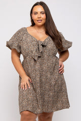 Cream Cheetah Print Knotted Puff Sleeve Plus Dress