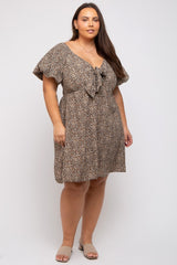 Cream Cheetah Print Knotted Puff Sleeve Plus Dress