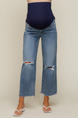 Blue Wide Leg Distressed Knee Maternity Jeans