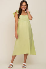 Lime Square Neck Button Front Ruffle Shoulder Cutout Back Maternity Midi Dress