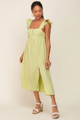 Lime Square Neck Button Front Ruffle Shoulder Cutout Back Midi Dress