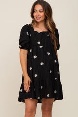 Black Floral Embroidered Puff Sleeve Maternity Dress