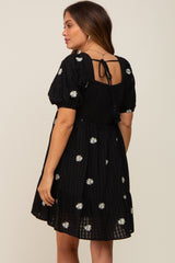 Black Floral Embroidered Puff Sleeve Maternity Dress