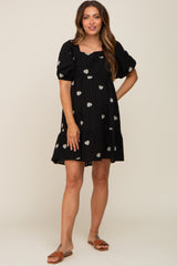 Black Floral Embroidered Puff Sleeve Maternity Dress