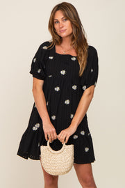 Black Floral Embroidered Puff Sleeve Dress