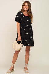 Black Floral Embroidered Puff Sleeve Dress