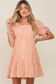 Peach Floral Embroidered Puff Sleeve Maternity Dress