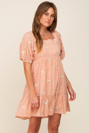 Peach Floral Embroidered Puff Sleeve Dress