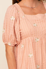 Peach Floral Embroidered Puff Sleeve Dress