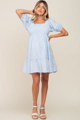 Light Blue Floral Embroidered Puff Sleeve Maternity Dress