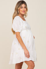 White Floral Embroidered Puff Sleeve Maternity Dress