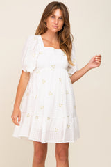 White Floral Embroidered Puff Sleeve Maternity Dress