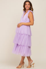 Lavender Sleeveless Tiered Tie Strap Tulle Maternity Midi Dress