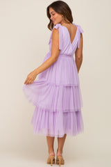 Lavender Sleeveless Tiered Tie Strap Tulle Maternity Midi Dress