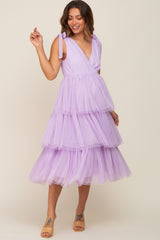 Lavender Sleeveless Tiered Tie Strap Tulle Maternity Midi Dress