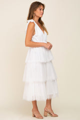 Ivory Sleeveless Tiered Tie Strap Tulle Midi Dress