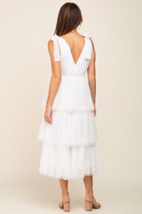 Ivory Sleeveless Tiered Tie Strap Tulle Midi Dress