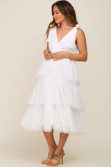 Ivory Sleeveless Tiered Tie Strap Tulle Maternity Midi Dress