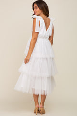 Ivory Sleeveless Tiered Tie Strap Tulle Maternity Midi Dress