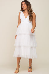 Ivory Sleeveless Tiered Tie Strap Tulle Maternity Midi Dress