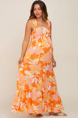 Orange Floral Sleeveless Maternity Maxi Dress