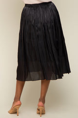 Black Pleated Shimmer Satin Midi Skirt