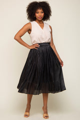 Black Pleated Shimmer Satin Midi Skirt