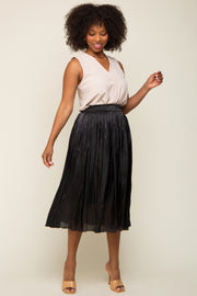 Black Pleated Shimmer Satin Midi Skirt