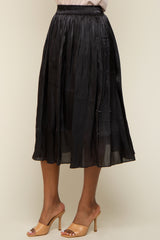 Black Pleated Shimmer Satin Midi Skirt