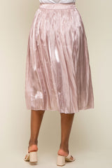 Light Pink Pleated Shimmer Satin Midi Skirt