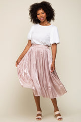 Light Pink Pleated Shimmer Satin Midi Skirt