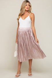 Light Pink Pleated Shimmer Satin Maternity Midi Skirt