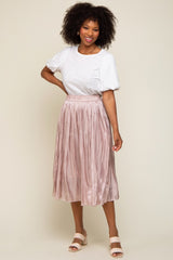 Light Pink Pleated Shimmer Satin Midi Skirt