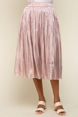 Light Pink Pleated Shimmer Satin Midi Skirt