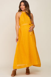 Yellow Linen A-line Maternity Midi Dress