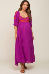 Magenta 3/4 Sleeve Embroidered Maternity Maxi Dress