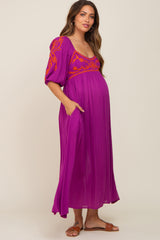 Magenta 3/4 Sleeve Embroidered Maternity Maxi Dress