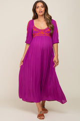 Magenta 3/4 Sleeve Embroidered Maternity Maxi Dress