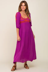 Magenta 3/4 Sleeve Embroidered Maxi Dress