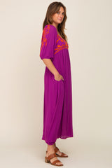 Magenta 3/4 Sleeve Embroidered Maxi Dress