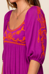 Magenta 3/4 Sleeve Embroidered Maxi Dress