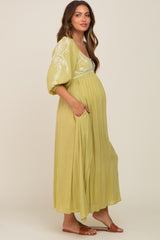 Green 3/4 Sleeve Embroidered Maternity Maxi Dress