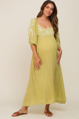 Green 3/4 Sleeve Embroidered Maternity Maxi Dress