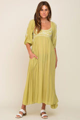 Green 3/4 Sleeve Embroidered Maternity Maxi Dress