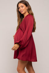 Burgundy Deep V-Neck Long Sleeve Maternity Dress